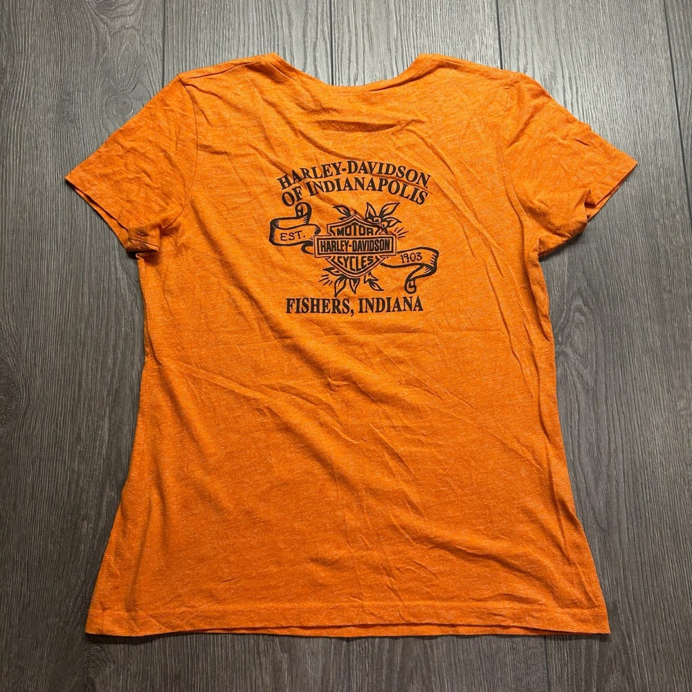 Harley Davidson Indianapolis V-Neck Graphic T-Shirt Orange Womens Small y2k - Picture 5 of 9